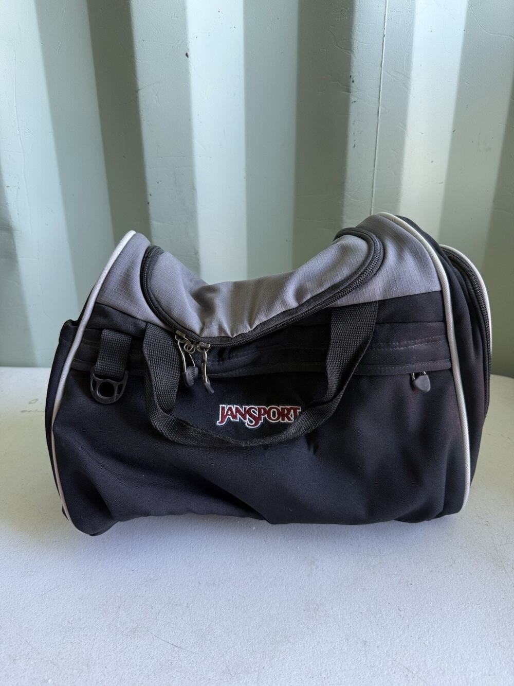 JanSport Gray Black Duffel Gym Bag Shoulder Strap Travel Overnight 14” X 11” X 8